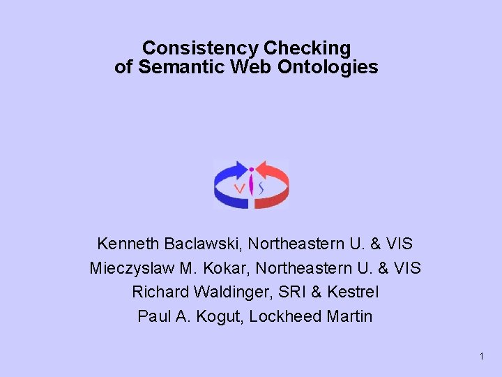 Consistency Checking of Semantic Web Ontologies Kenneth Baclawski, Northeastern U. & VIS Mieczyslaw M.
