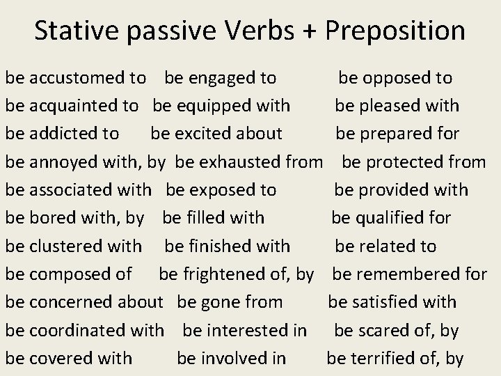 Stative passive Verbs + Preposition be accustomed to be engaged to be opposed to Stative passive Verbs + Preposition be accustomed to be engaged to be opposed to