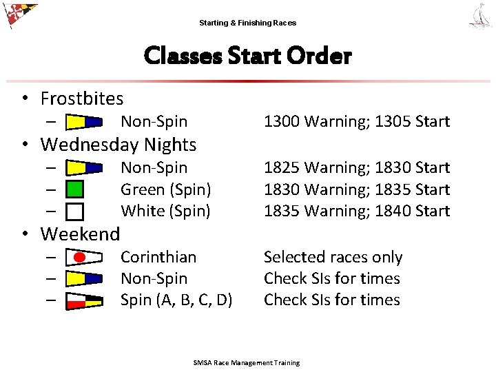 Starting & Finishing Races Classes Start Order • Frostbites – Non-Spin 1300 Warning; 1305