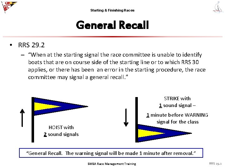 Starting & Finishing Races General Recall • RRS 29. 2 – “When at the
