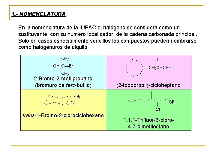 1. - NOMENCLATURA En la nomenclatura de la IUPAC el halógeno se considera como
