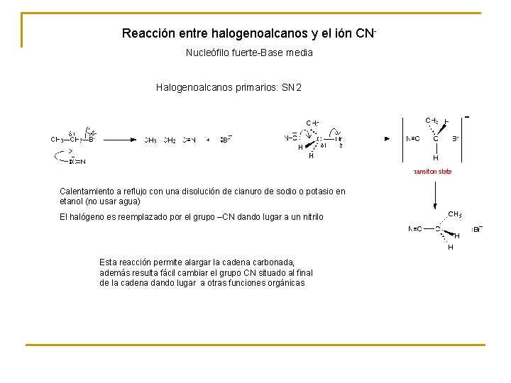 Reacción entre halogenoalcanos y el ión CNNucleófilo fuerte-Base media Halogenoalcanos primarios: SN 2 Calentamiento