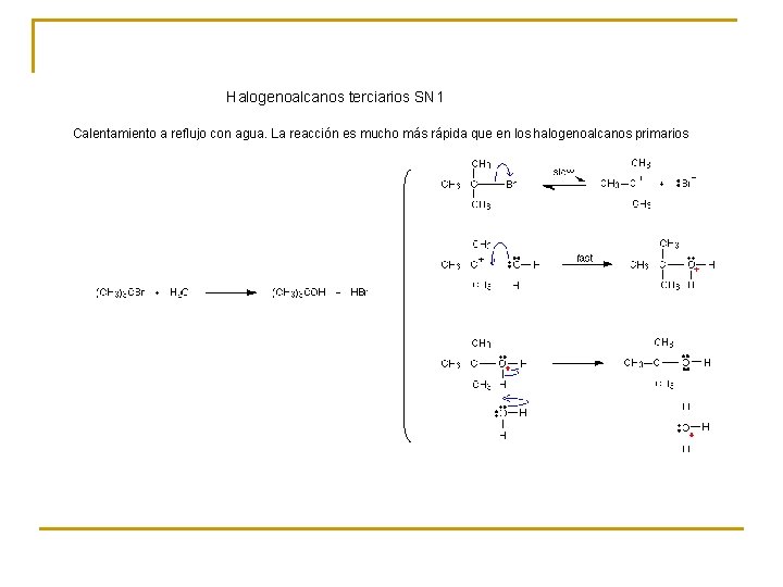 Halogenoalcanos terciarios SN 1 Calentamiento a reflujo con agua. La reacción es mucho más