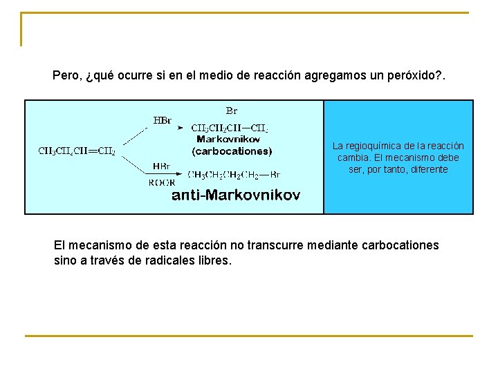 Pero, ¿qué ocurre si en el medio de reacción agregamos un peróxido? . La