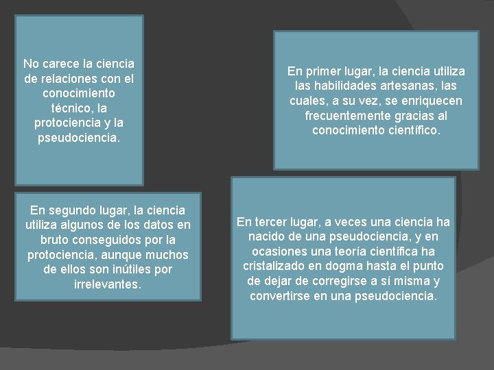 No carece la ciencia de relaciones con el conocimiento técnico, la protociencia y la