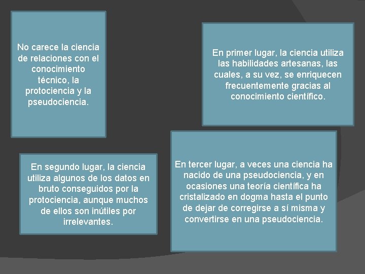 No carece la ciencia de relaciones con el conocimiento técnico, la protociencia y la