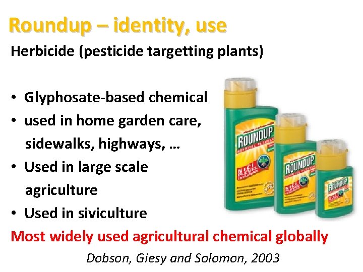 Roundup – identity, use Herbicide (pesticide targetting plants) • Glyphosate-based chemical • used in