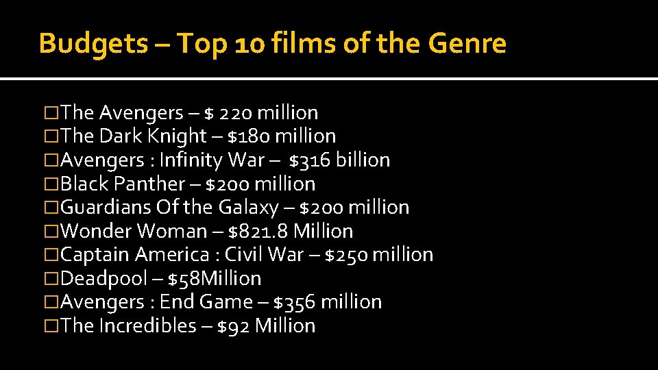 Budgets – Top 10 films of the Genre �The Avengers – $ 220 million