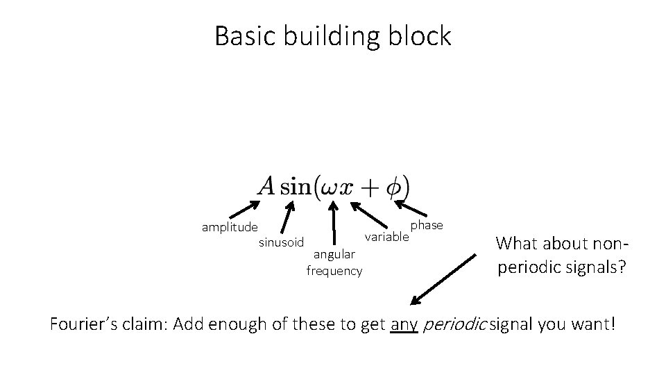 Basic building block amplitude sinusoid variable angular frequency phase What about nonperiodic signals? Fourier’s