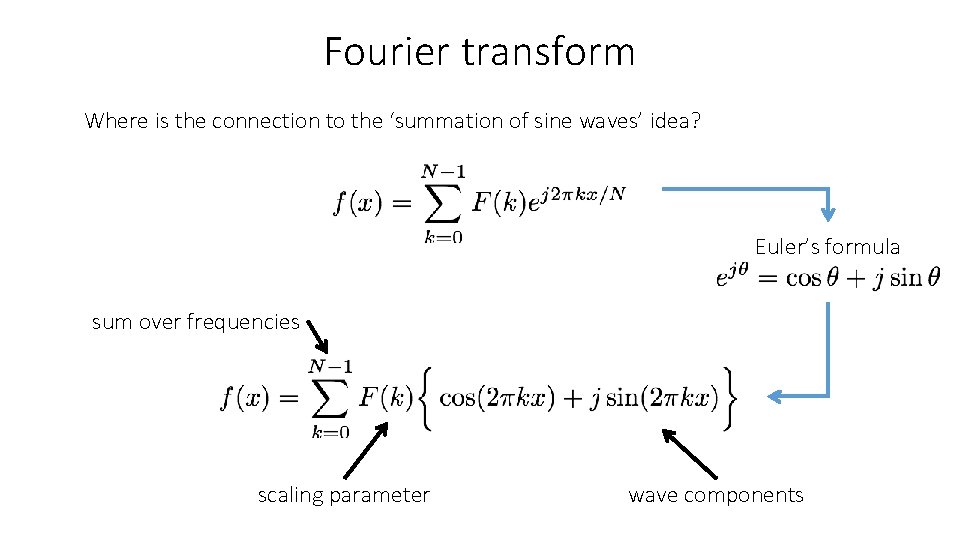 Fourier transform Where is the connection to the ‘summation of sine waves’ idea? Euler’s