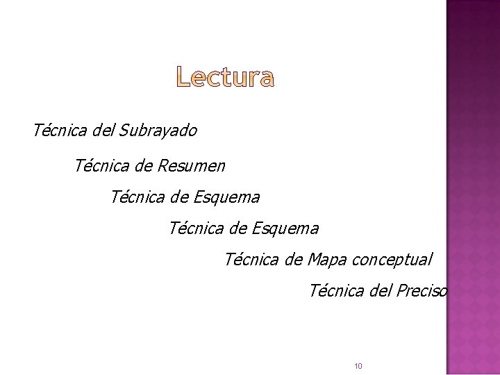 Técnica del Subrayado Técnica de Resumen Técnica de Esquema Técnica de Mapa conceptual Técnica