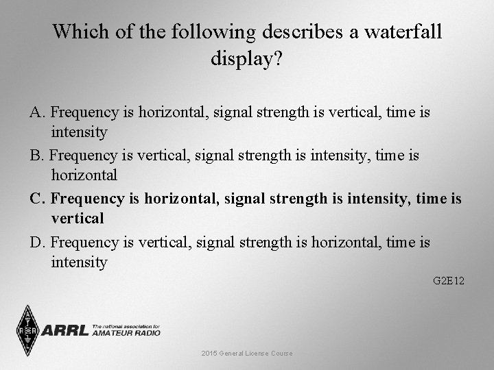 Which of the following describes a waterfall display? A. Frequency is horizontal, signal strength