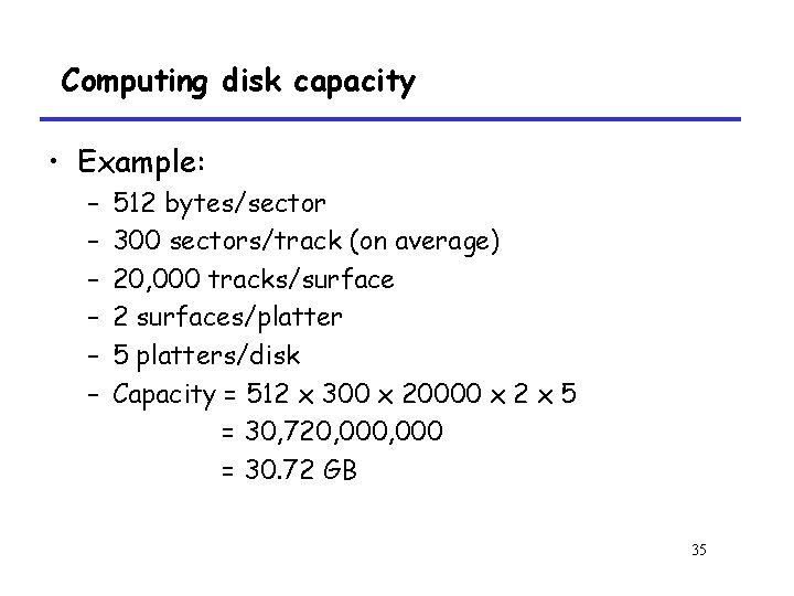 Computing disk capacity • Example: – – – 512 bytes/sector 300 sectors/track (on average)