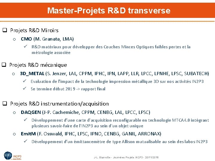 Master-Projets R&D transverse q Projets R&D Miroirs o CMO (M. Granata, LMA) ü R&D