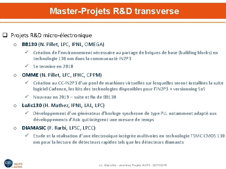 Master-Projets R&D transverse q Projets R&D micro-électronique o BB 130 (N. Pillet, LPC, IPNL,