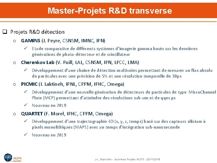 Master-Projets R&D transverse q Projets R&D détection o GAMINS (J. Peyre, CSNSM, IMNC, IPN)
