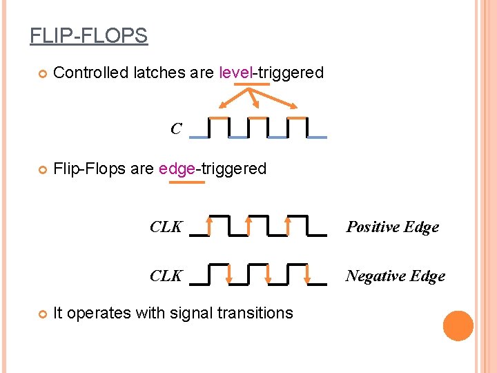 FLIP-FLOPS Controlled latches are level-triggered C Flip-Flops are edge-triggered CLK Positive Edge CLK Negative