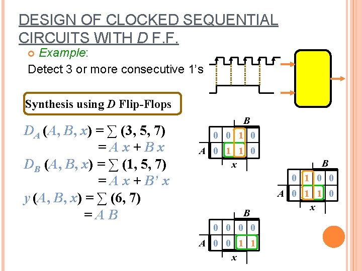 DESIGN OF CLOCKED SEQUENTIAL CIRCUITS WITH D F. F. Example: Detect 3 or more