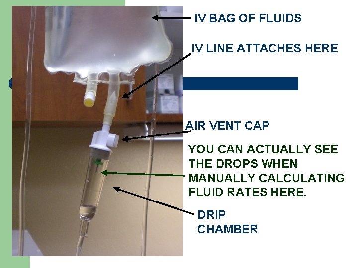 IV BAG OF FLUIDS IV LINE ATTACHES HERE AIR VENT CAP YOU CAN ACTUALLY