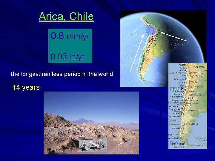 Arica, Chile 0. 8 mm/yr 0. 03 in/yr the longest rainless period in the