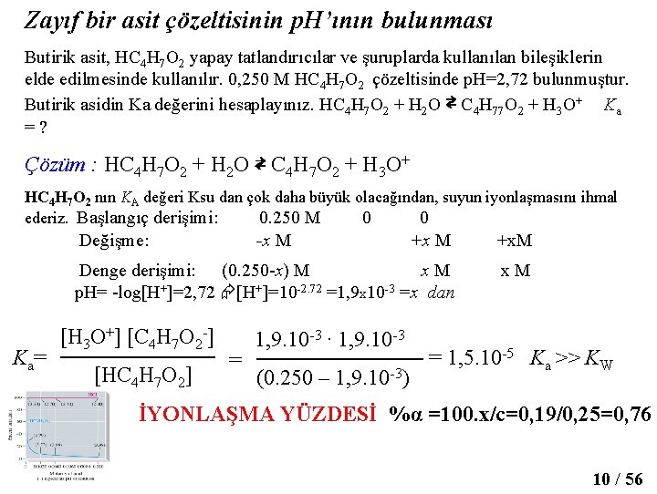 Zayıf bir asit çözeltisinin p. H’ının bulunması Butirik asit, HC 4 H 7 O