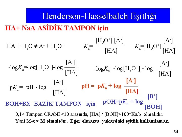 Henderson-Hasselbalch Eşitliği HA+ Na. A ASİDİK TAMPON için HA + H 2 O ⇄
