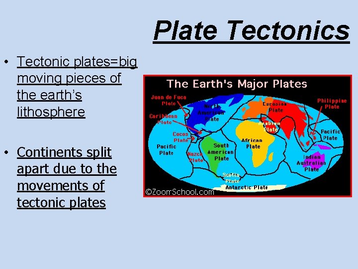 Plate Tectonics • Tectonic plates=big moving pieces of the earth’s lithosphere • Continents split