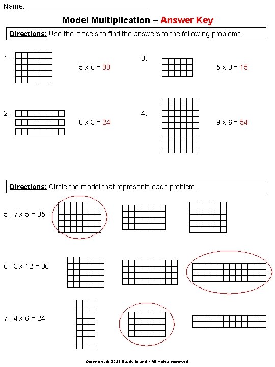 Name: ________________ Model Multiplication – Answer Key Directions: Use the models to find the