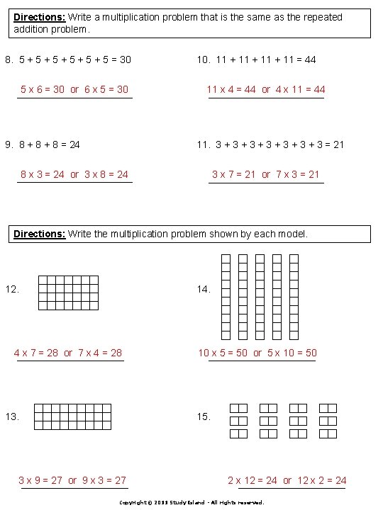 Directions: Write a multiplication problem that is the same as the repeated addition problem.