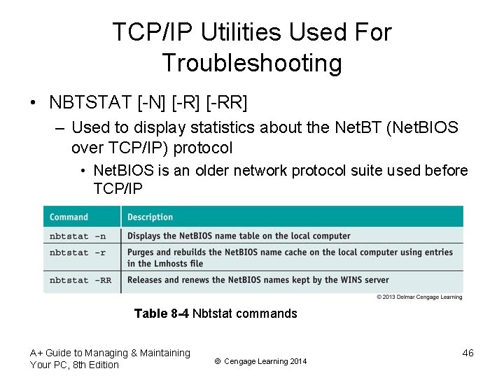 TCP/IP Utilities Used For Troubleshooting • NBTSTAT [-N] [-RR] – Used to display statistics