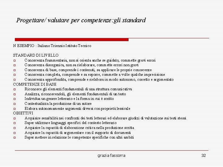 Progettare/ valutare per competenze: gli standard N ESEMPIO : Italiano Triennio Istituto Tecnico STANDARD