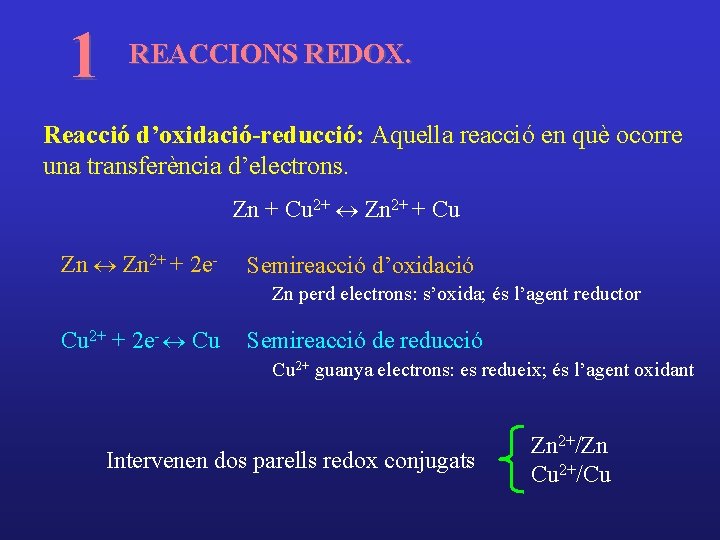 1 REACCIONS REDOX. Reacció d’oxidació-reducció: Aquella reacció en què ocorre una transferència d’electrons. Zn