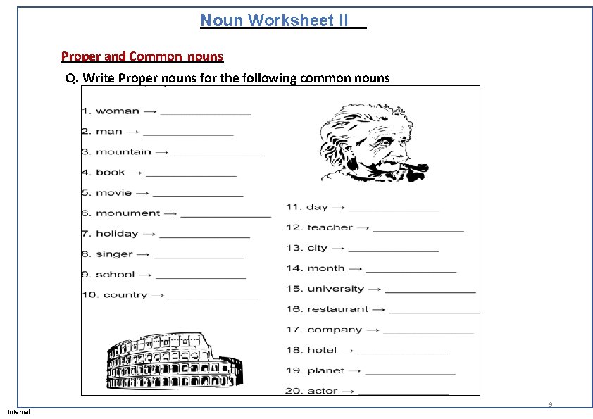 Noun Worksheet II Proper and Common nouns Q. Write Proper nouns for the following