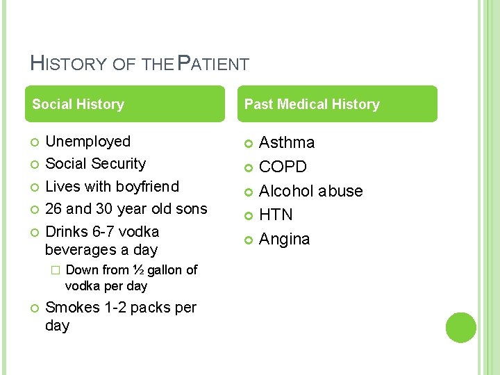 HISTORY OF THE PATIENT Social History Unemployed Social Security Lives with boyfriend 26 and HISTORY OF THE PATIENT Social History Unemployed Social Security Lives with boyfriend 26 and