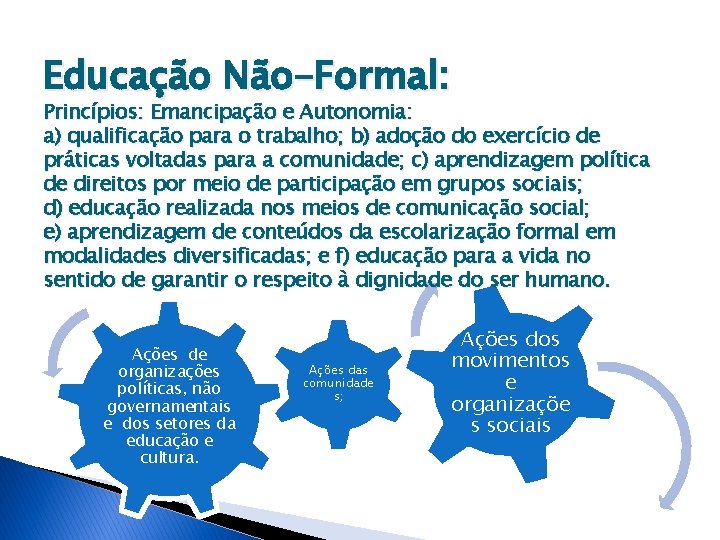 Educação Não-Formal: Princípios: Emancipação e Autonomia: a) qualificação para o trabalho; b) adoção do Educação Não-Formal: Princípios: Emancipação e Autonomia: a) qualificação para o trabalho; b) adoção do