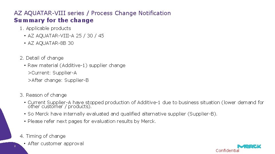 AZ AQUATAR-VIII series / Process Change Notification Summary for the change 1. Applicable products