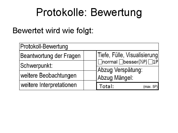 Protokolle: Bewertung Bewertet wird wie folgt: Protokolle: Bewertung Bewertet wird wie folgt:
