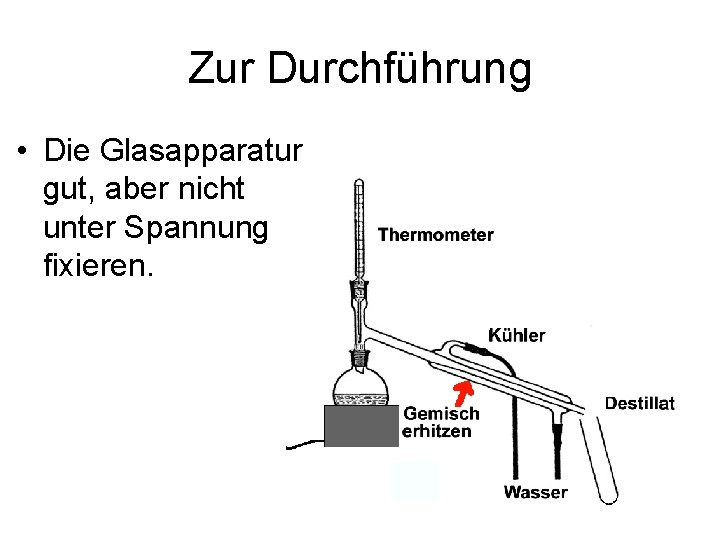 Zur Durchführung • Die Glasapparatur gut, aber nicht unter Spannung fixieren. 