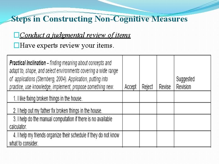 Steps in Constructing Non-Cognitive Measures �Conduct a judgmental review of items �Have experts review Steps in Constructing Non-Cognitive Measures �Conduct a judgmental review of items �Have experts review
