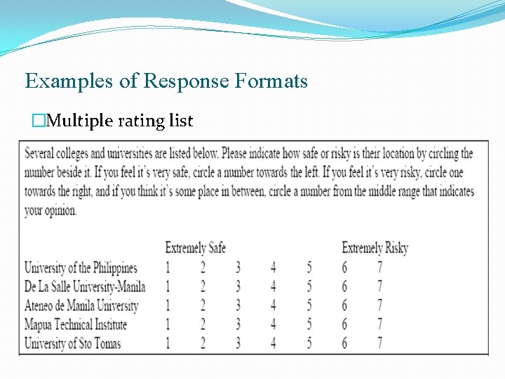 Examples of Response Formats �Multiple rating list Examples of Response Formats �Multiple rating list