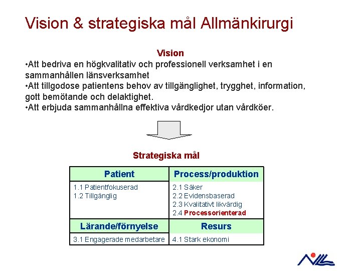 Vision & strategiska mål Allmänkirurgi Vision • Att bedriva en högkvalitativ och professionell verksamhet