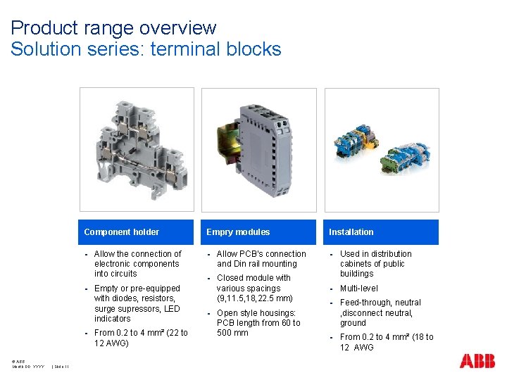 Product range overview Solution series: terminal blocks Component holder § § § © ABB Product range overview Solution series: terminal blocks Component holder § § § © ABB
