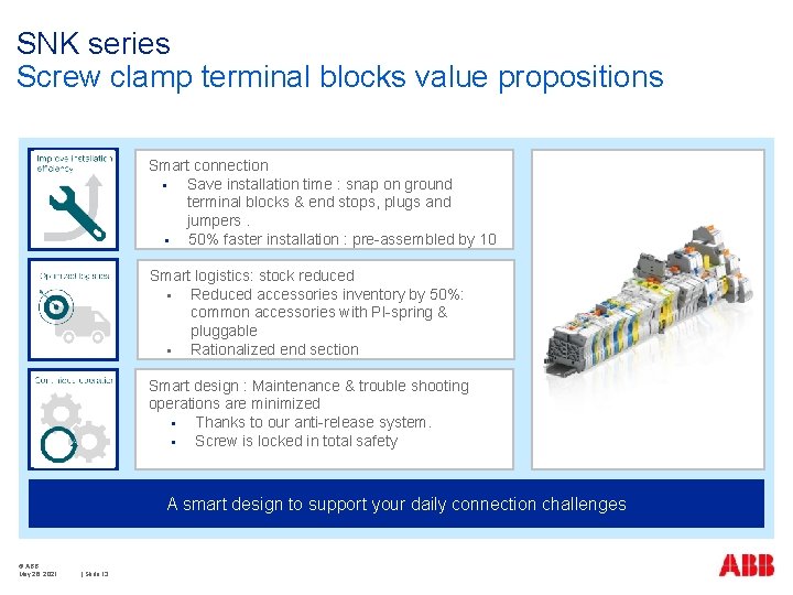 SNK series Screw clamp terminal blocks value propositions Benefit 1 Smart connection § Save SNK series Screw clamp terminal blocks value propositions Benefit 1 Smart connection § Save