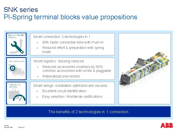 SNK series PI-Spring terminal blocks value propositions Smart connection: 2 technologies in 1 Benefit SNK series PI-Spring terminal blocks value propositions Smart connection: 2 technologies in 1 Benefit