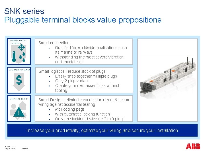 SNK series Pluggable terminal blocks value propositions Benefit 1 Smart connection • Qualified for SNK series Pluggable terminal blocks value propositions Benefit 1 Smart connection • Qualified for