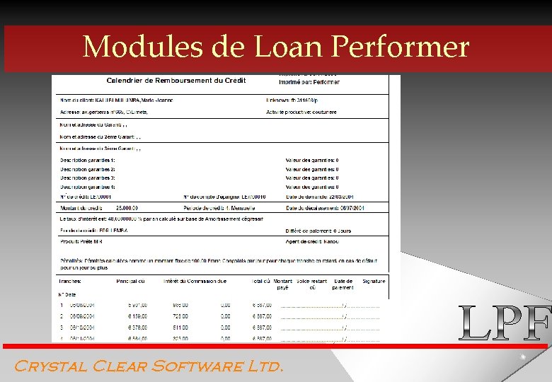 Modules de Loan Performer Crystal Clear Software Ltd. 