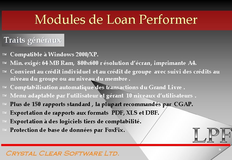 Modules de Loan Performer Traits généraux ™ ™ ™ ™ ™ Compatible à Windows