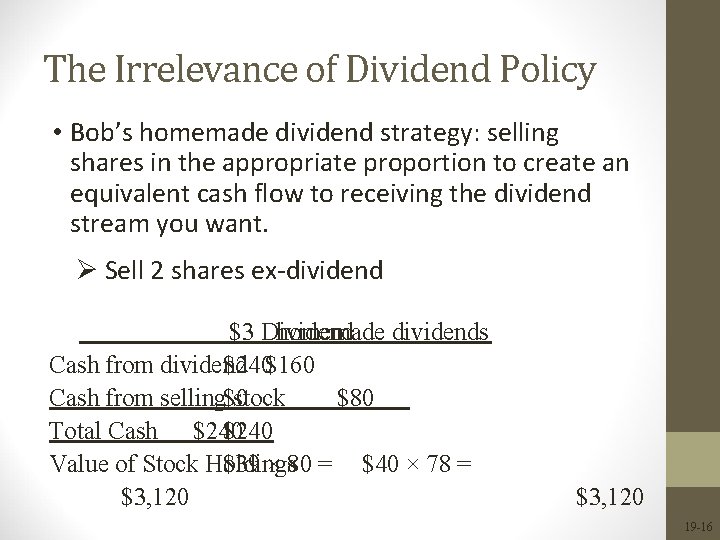 The Irrelevance of Dividend Policy • Bob’s homemade dividend strategy: selling shares in the