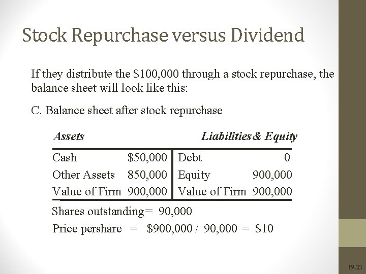Stock Repurchase versus Dividend If they distribute the $100, 000 through a stock repurchase,