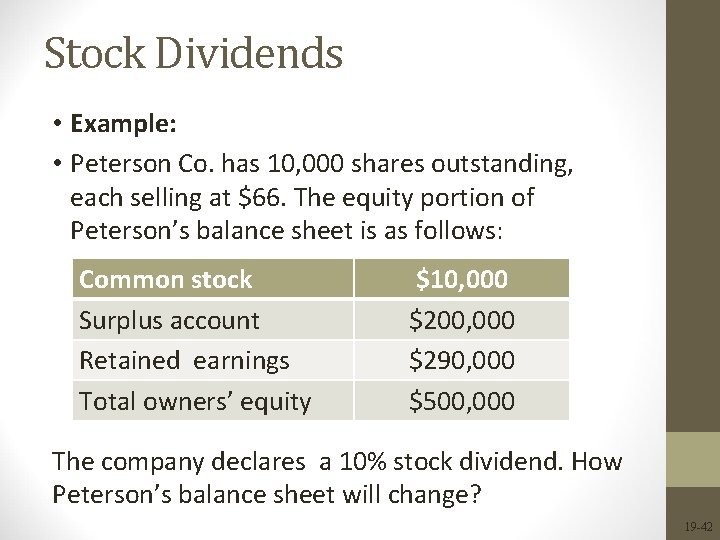 Stock Dividends • Example: • Peterson Co. has 10, 000 shares outstanding, each selling